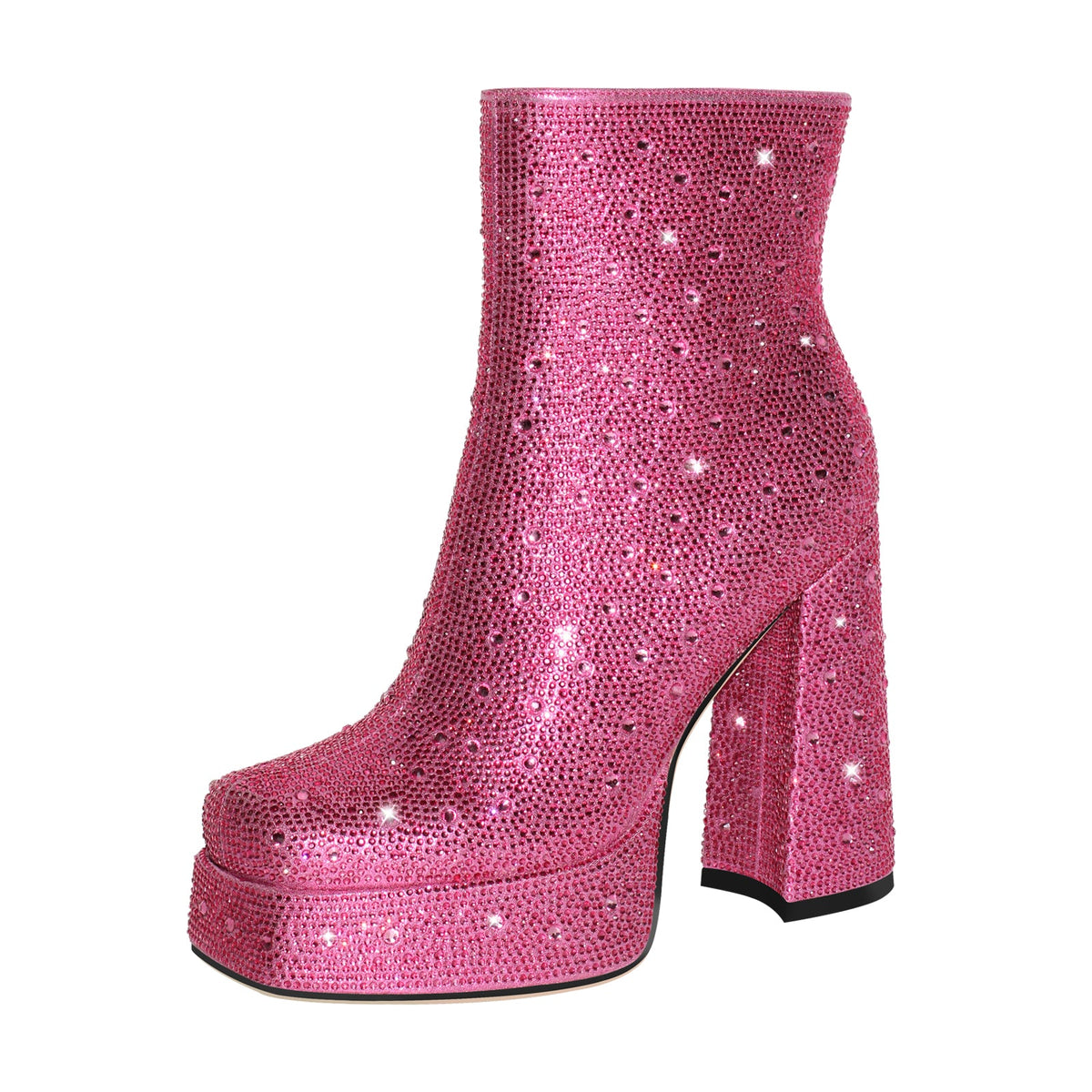 Rhinestone Platform Square Toe Chunky High Heels Ankle Boots | Onlymaker Trending