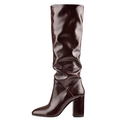 Round Toe Crinkle Knee High Chunky Heels Boots | Onlymaker Signature