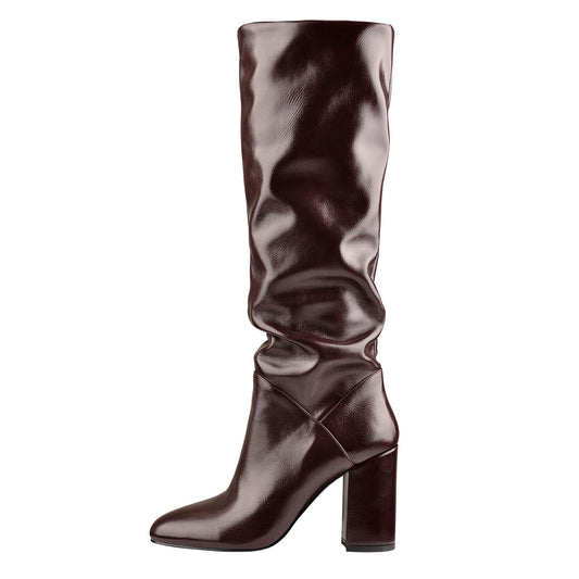 Round Toe Crinkle Knee High Chunky Heels Boots | Onlymaker Signature