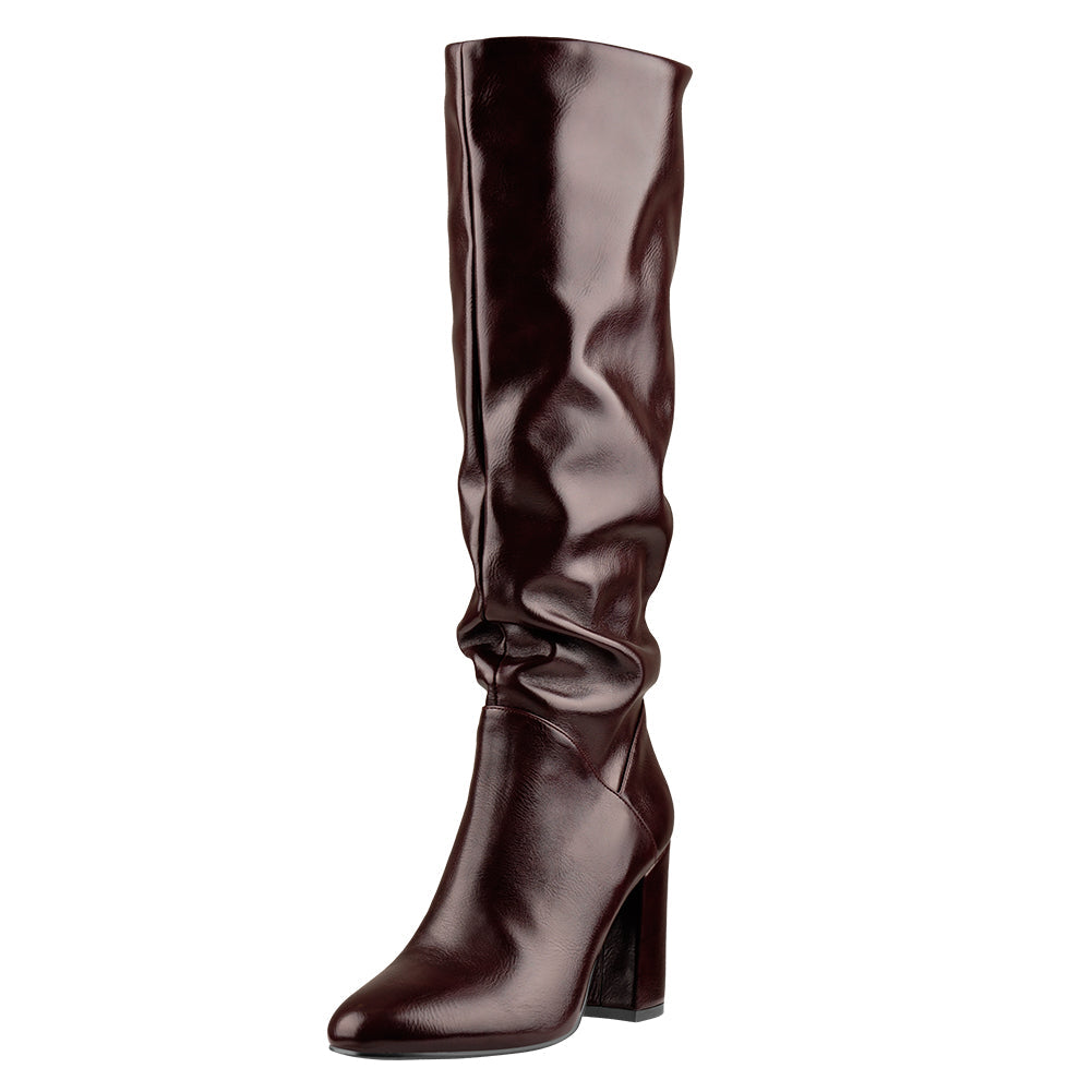 Round Toe Crinkle Knee High Chunky Heels Boots | Onlymaker Signature