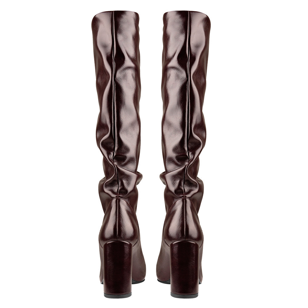 Round Toe Crinkle Knee High Chunky Heels Boots | Onlymaker Signature