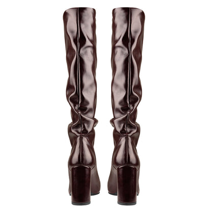 Round Toe Crinkle Knee High Chunky Heels Boots | Onlymaker Signature