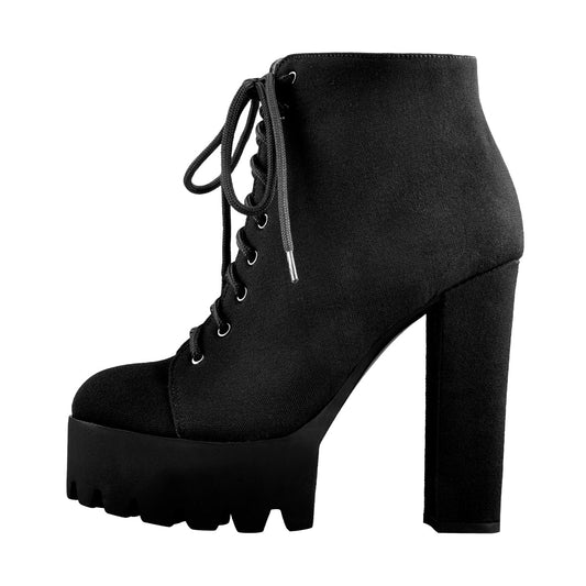 Platform Round Toe Lace Up Chunky High Heels Suede Ankle Boots | Onlymaker Latest