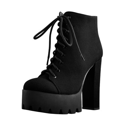 Platform Round Toe Lace Up Chunky High Heels Suede Ankle Boots | Onlymaker Latest
