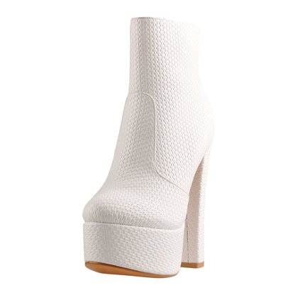 White Fine Weave Pattern Platform Chunky Heel Ankle Boots | Onlymaker Sale