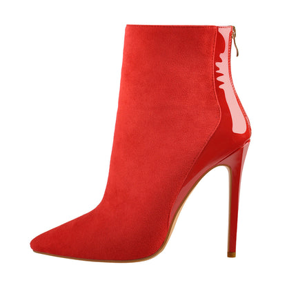 Red Suede Patent Leather Stitching Pointed Toe Ankle boots | Onlymaker Best Seller