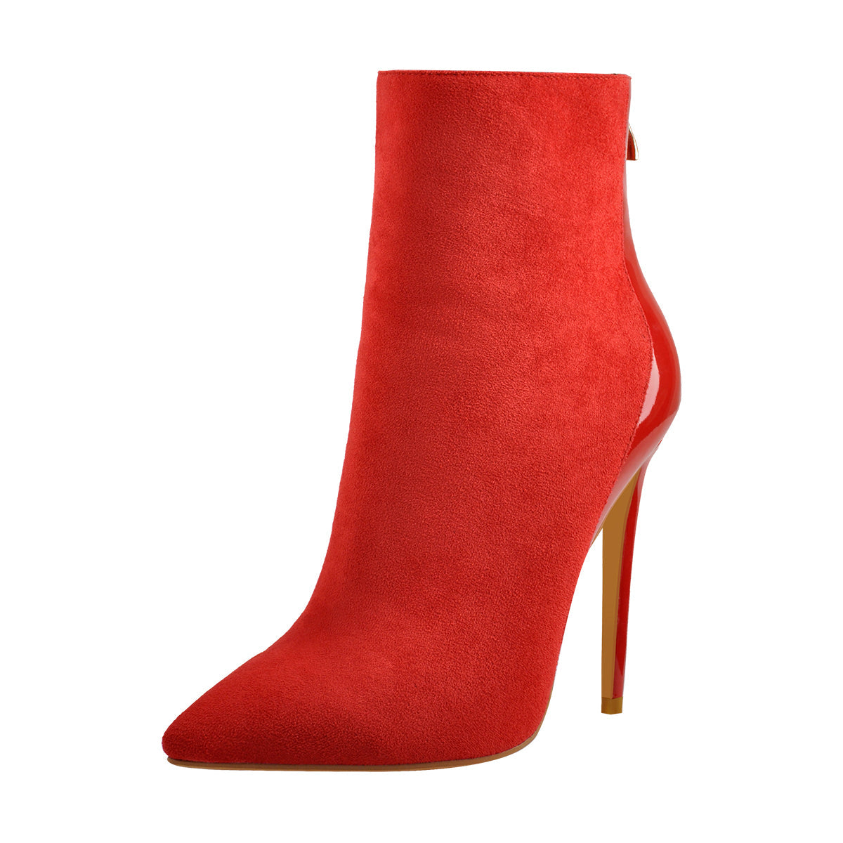 Red Suede Patent Leather Stitching Pointed Toe Ankle boots | Onlymaker Best Seller