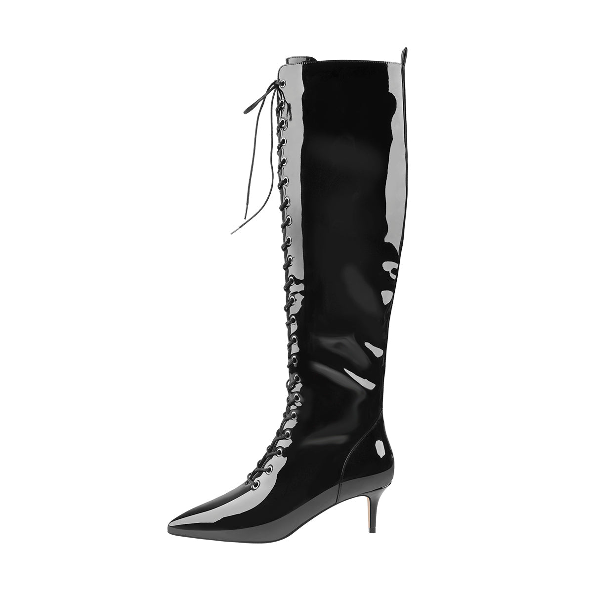 Patent Leather Pointed Toe Knee High Mid Heel Boots | Onlymaker Hot Sale