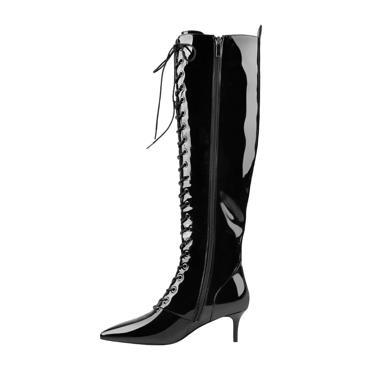 Patent Leather Pointed Toe Knee High Mid Heel Boots | Onlymaker Hot Sale