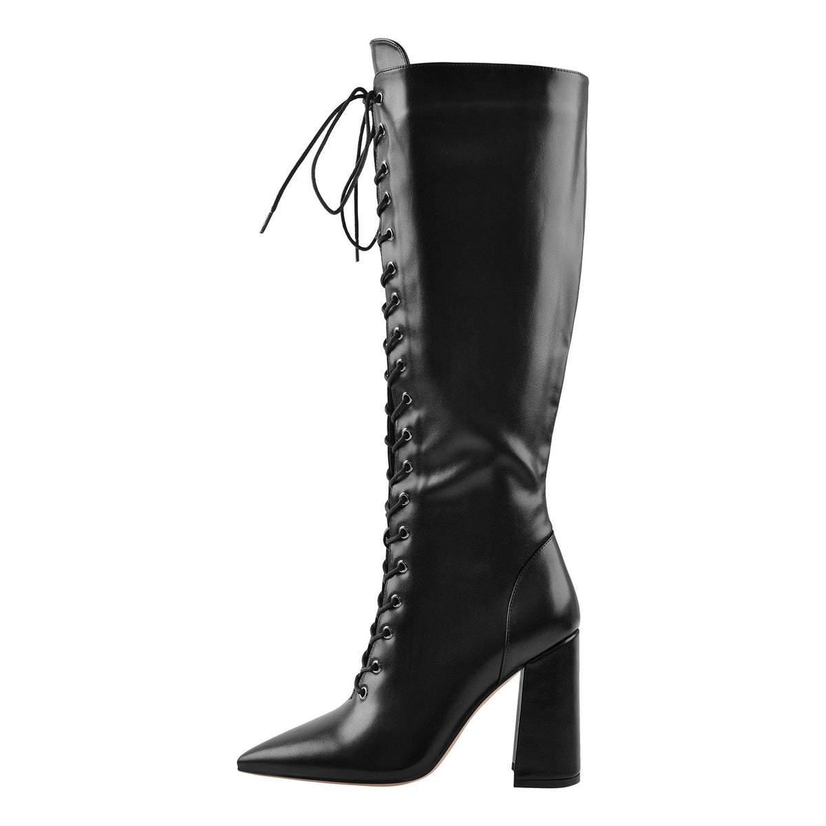 Pointed Toe Black Lace Up Zipper Knee High Chunky Heel Boots | Onlymaker Signature