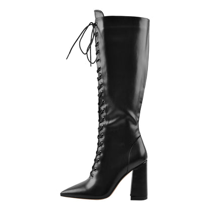 Pointed Toe Black Lace Up Zipper Knee High Chunky Heel Boots | Onlymaker Signature
