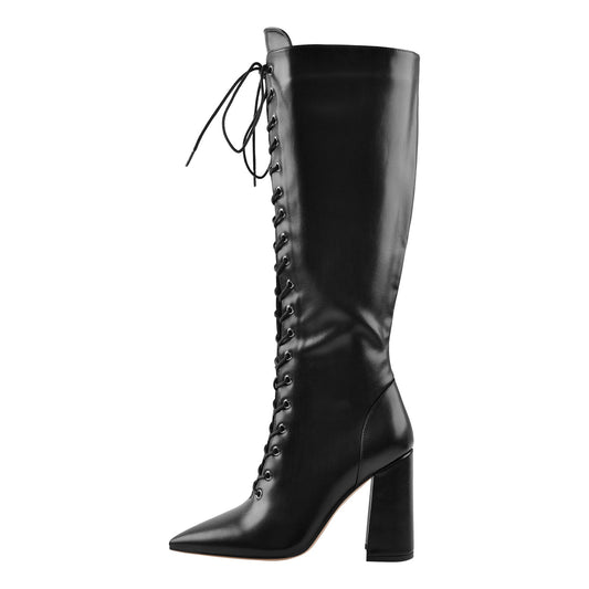 Pointed Toe Black Lace Up Zipper Knee High Chunky Heel Boots | Onlymaker Signature