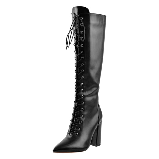Pointed Toe Black Lace Up Zipper Knee High Chunky Heel Boots | Onlymaker Signature