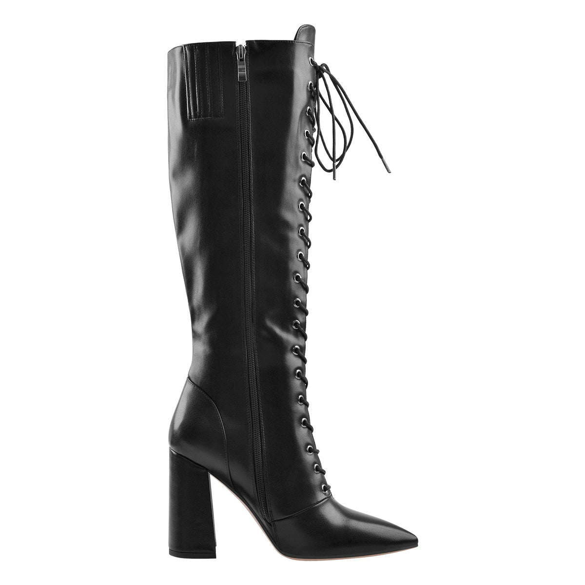Pointed Toe Black Lace Up Zipper Knee High Chunky Heel Boots | Onlymaker Signature