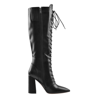 Pointed Toe Black Lace Up Zipper Knee High Chunky Heel Boots | Onlymaker Signature