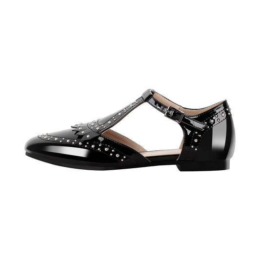 Hollow Black Round Toe Strap Rivet Flats | Onlymaker Quality