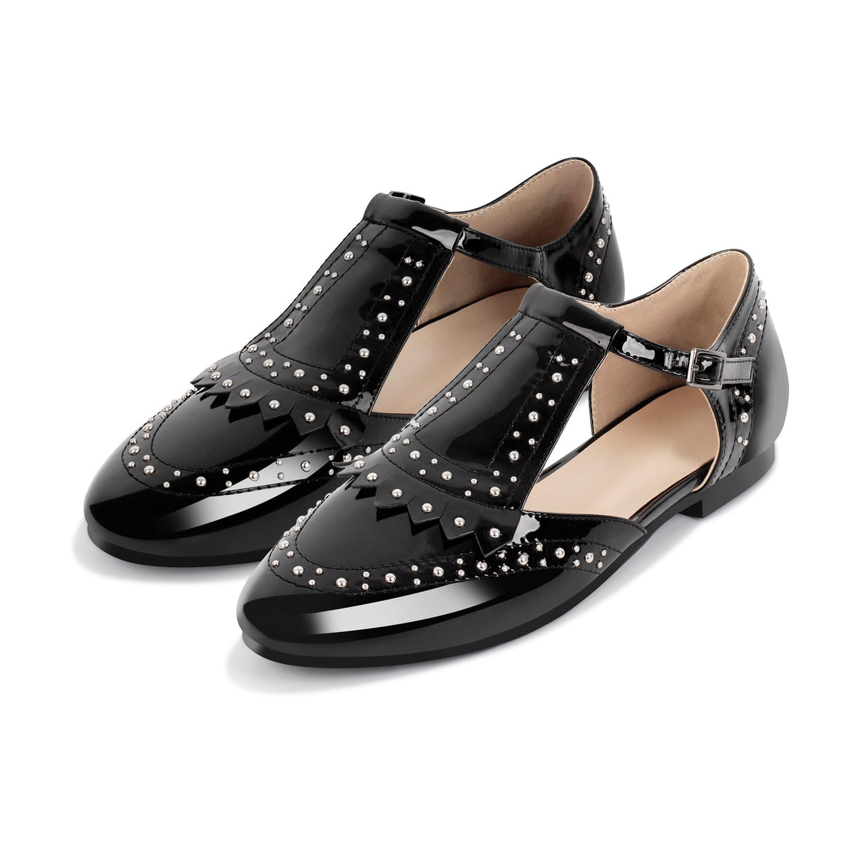 Hollow Black Round Toe Strap Rivet Flats | Onlymaker Quality