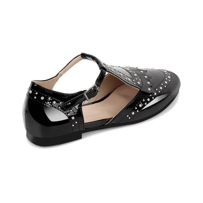 Hollow Black Round Toe Strap Rivet Flats | Onlymaker Quality