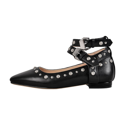 Rivet Square Toe Buckle Ankle Strap Flats | Onlymaker Everyday