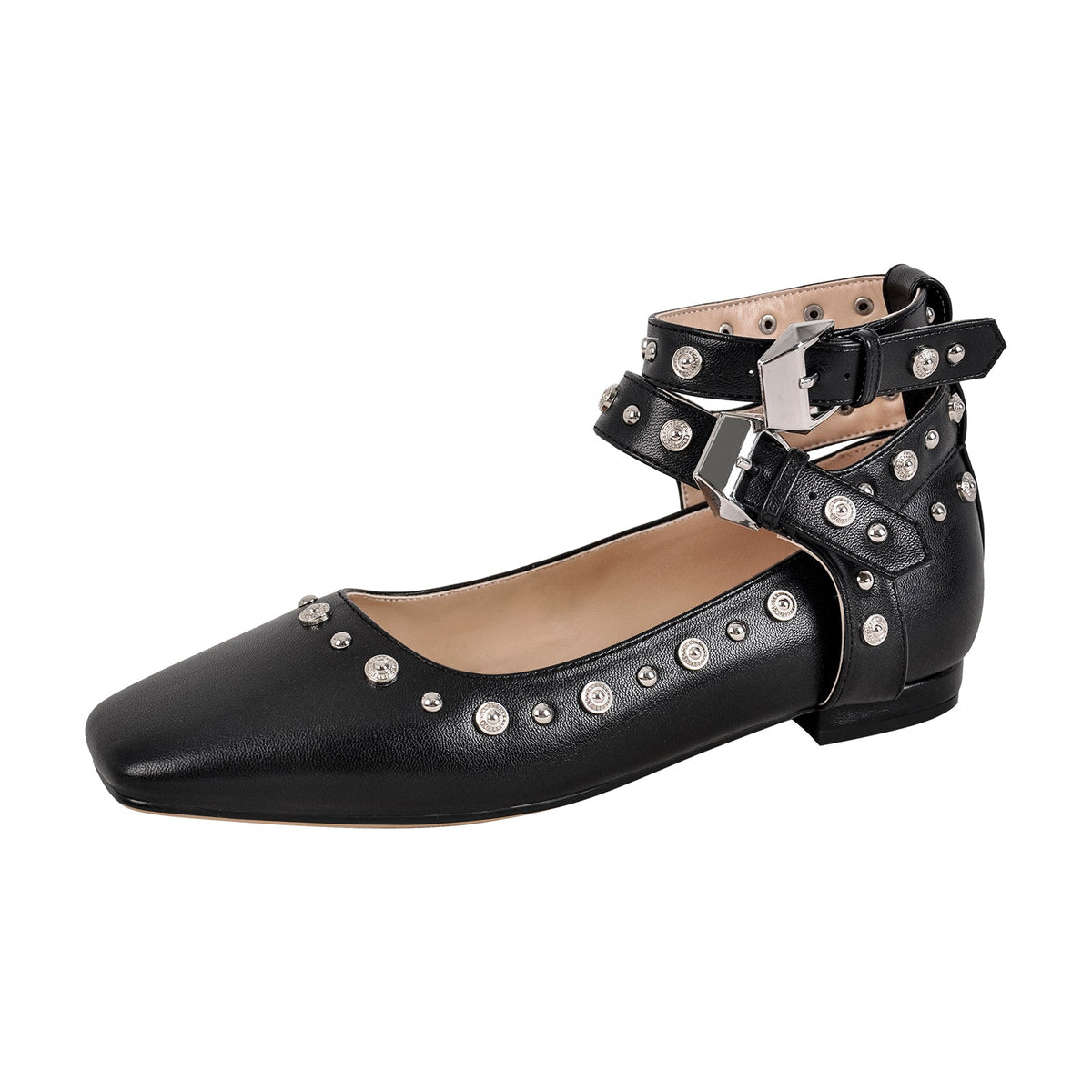 Rivet Square Toe Buckle Ankle Strap Flats | Onlymaker Everyday