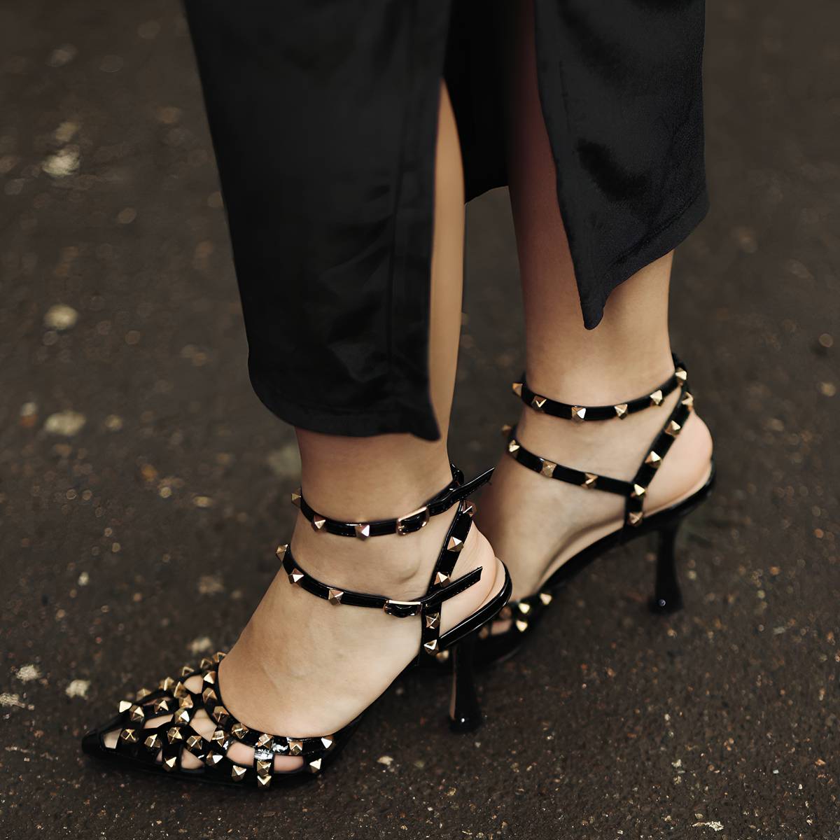 Pointed Toe Ankle Strap Rivet Pumps | Onlymaker Best Seller