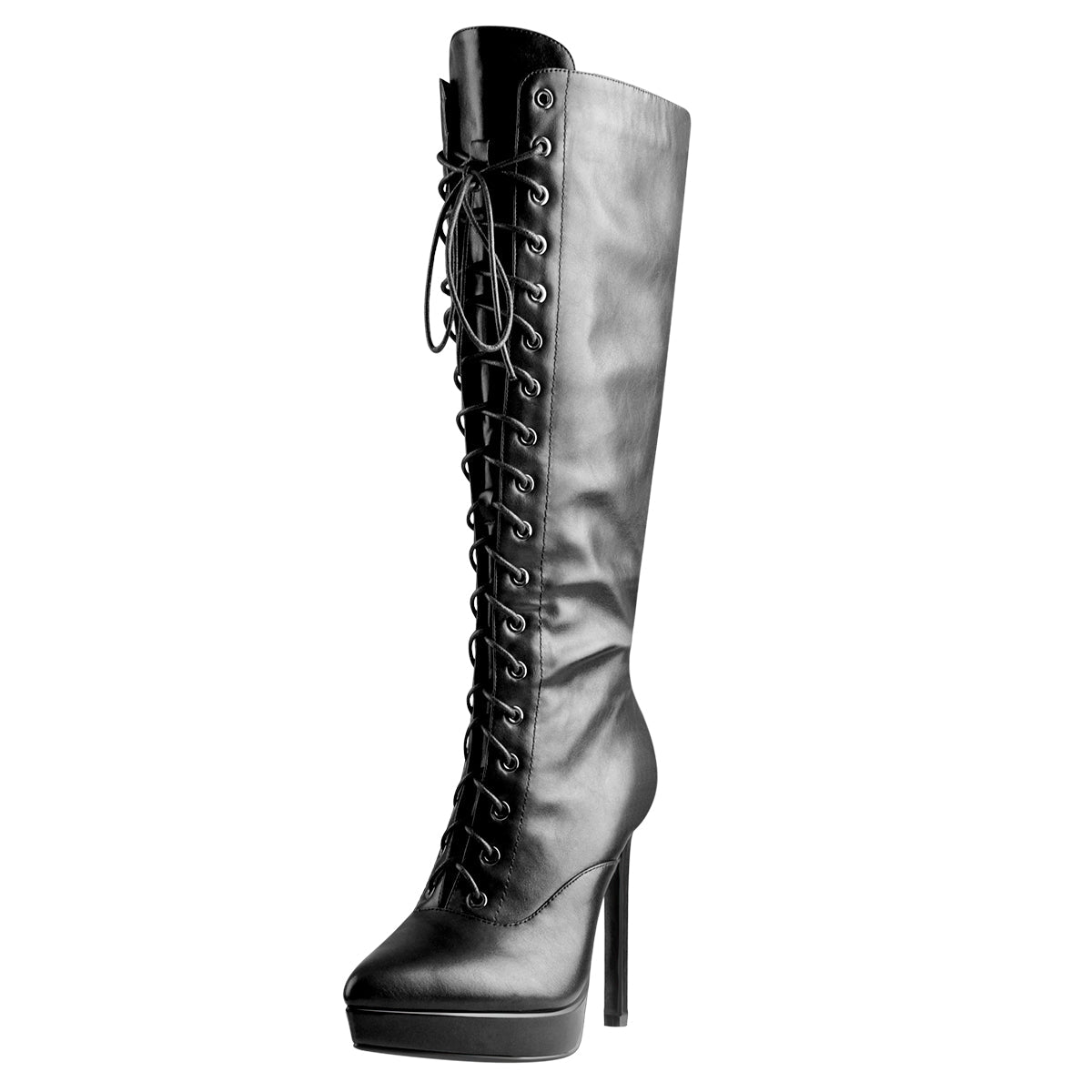 Black Matte Leather Platform Lace-Up High Heel Boots | Onlymaker Trusted