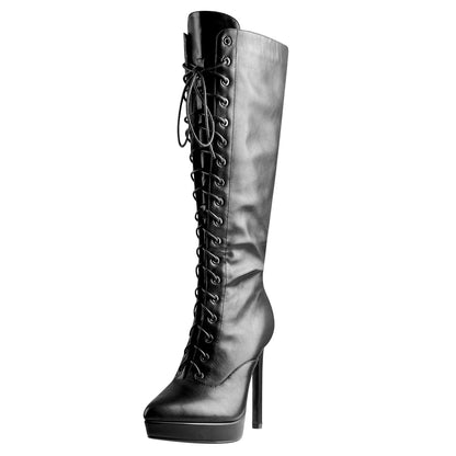 Black Matte Leather Platform Lace-Up High Heel Boots | Onlymaker Trusted