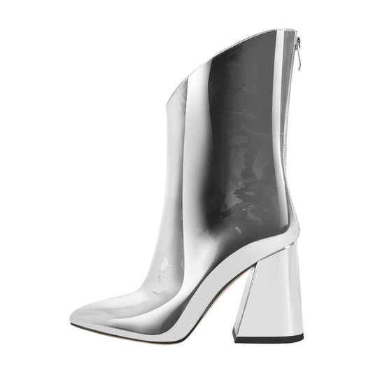 Silver Metallic Leather Chunky Heel Ankle Boots | Onlymaker Quality