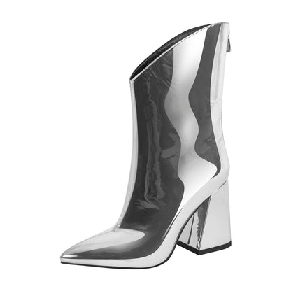 Silver Metallic Leather Chunky Heel Ankle Boots | Onlymaker Quality