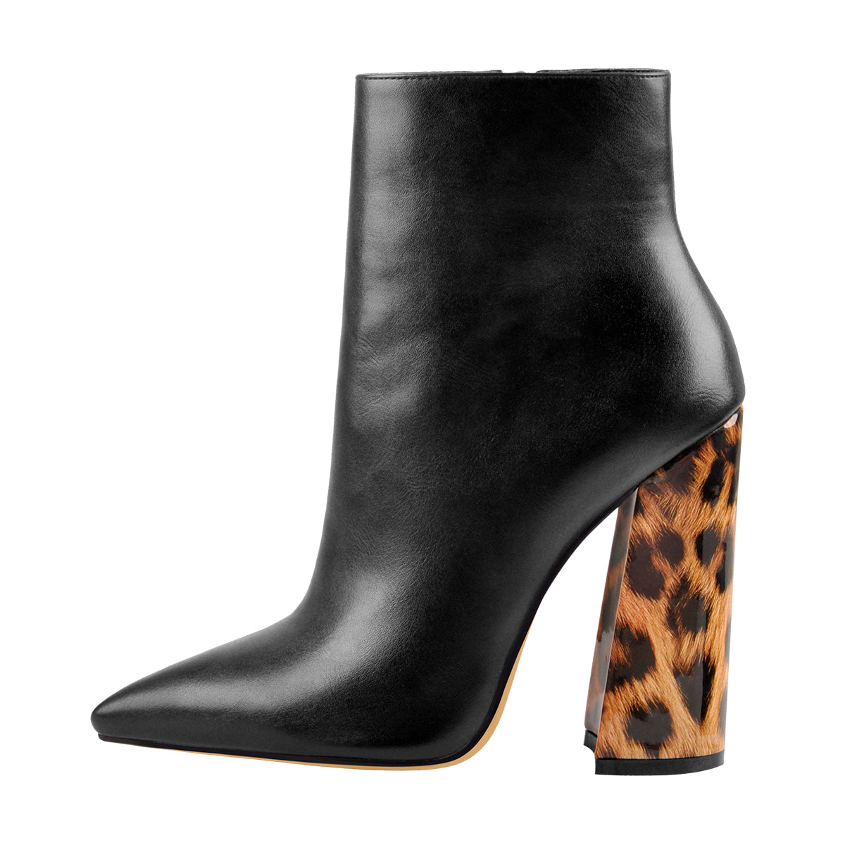 Matte Leather Pointed Toe Leopard Block Heels Ankle Boots | Onlymaker Classic