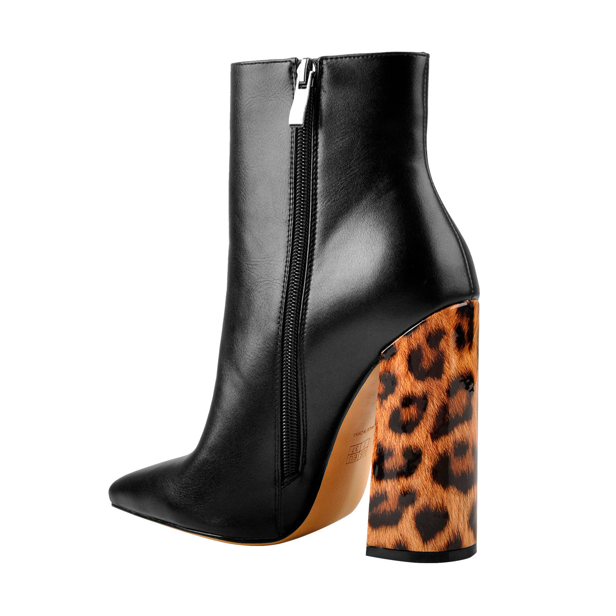 Matte Leather Pointed Toe Leopard Block Heels Ankle Boots | Onlymaker Classic