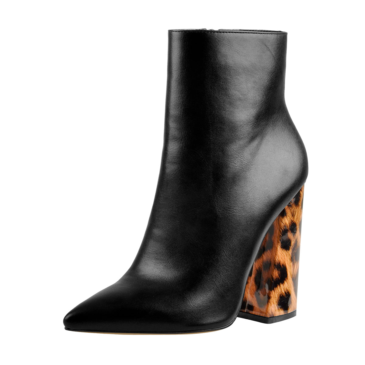 Matte Leather Pointed Toe Leopard Block Heels Ankle Boots | Onlymaker Classic