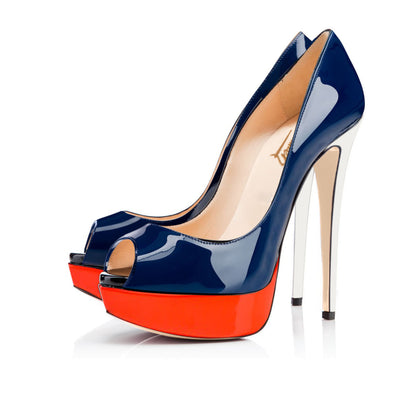 Retro Blue Peep Toe Stiletto Pumps with Red Platform | Onlymaker Everyday