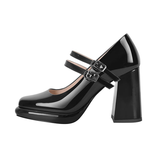 Square Toe Mary Jane Buckle Strap Chunky Heel Pumps | Onlymaker Best Seller