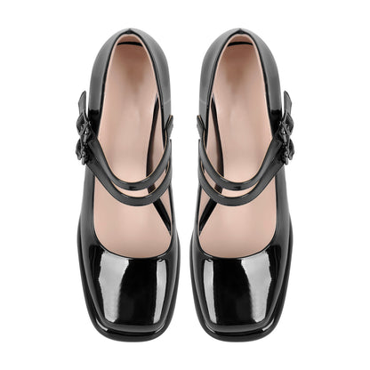 Square Toe Mary Jane Buckle Strap Chunky Heel Pumps | Onlymaker Best Seller