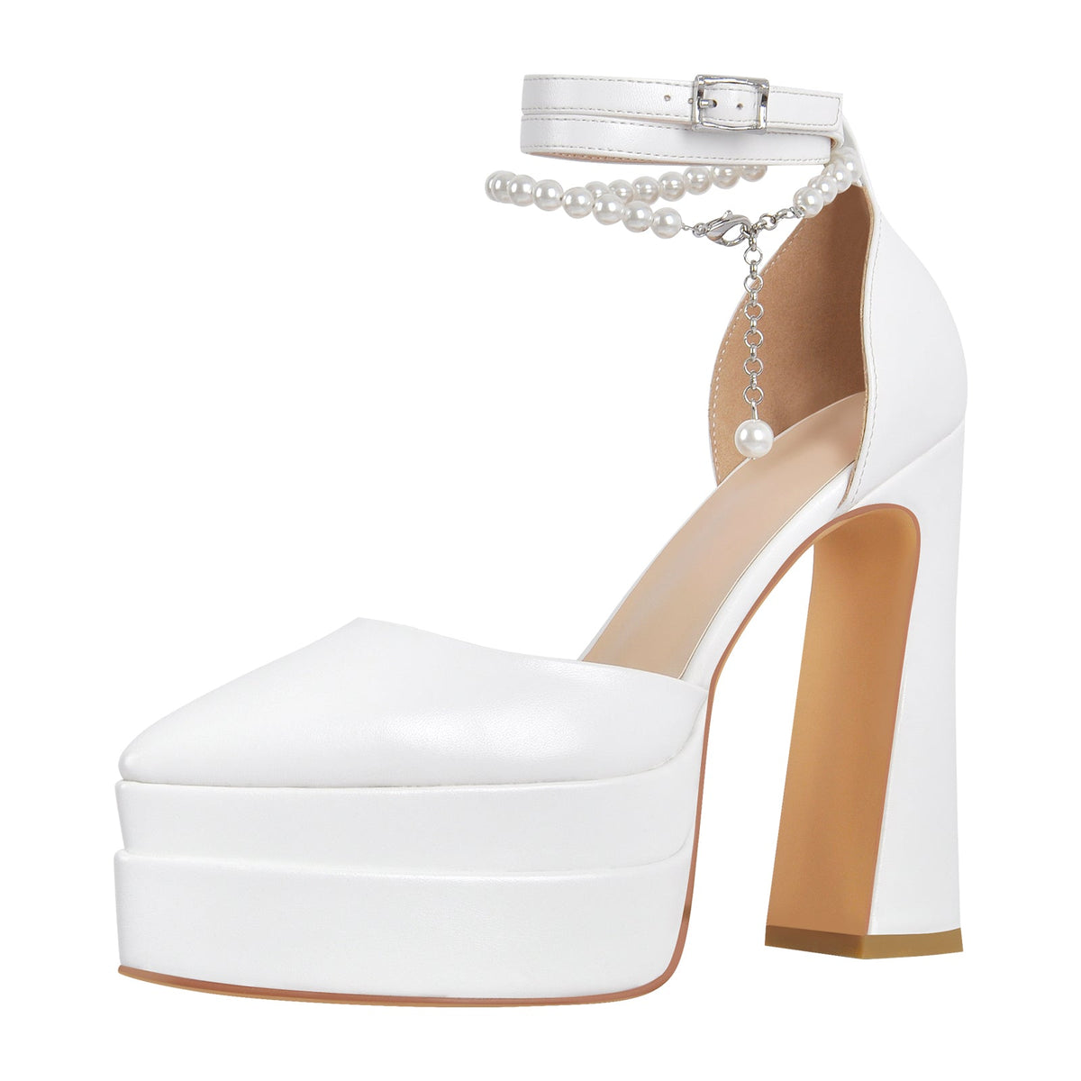 White Pointed Toe Platform Chunky Pumps | Onlymaker Popular