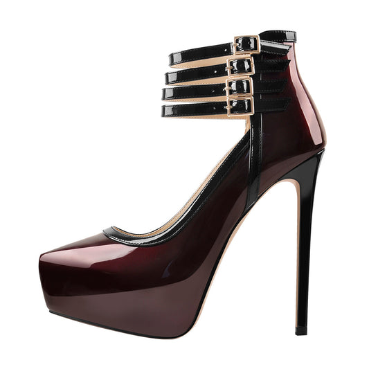 Quadruple Buckle Ankle Strap Patent High Heel Pumps | Onlymaker Classic