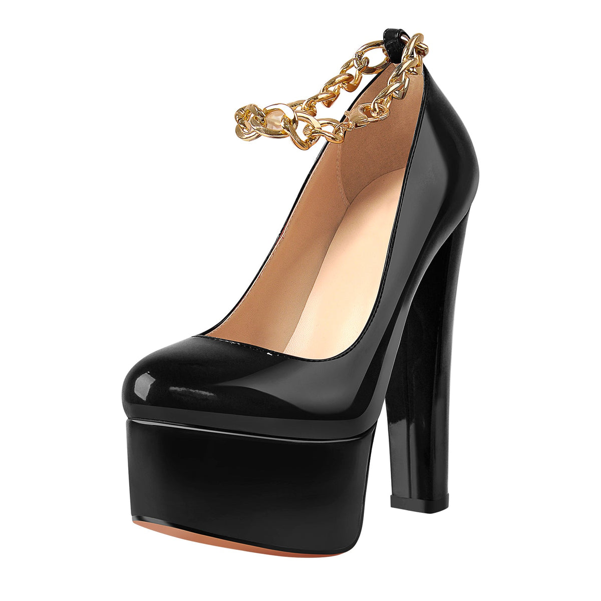 Black Round Toe Black Ankle Chain Platform Pumps | Onlymaker Premium