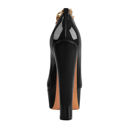 Black Round Toe Black Ankle Chain Platform Pumps | Onlymaker Premium