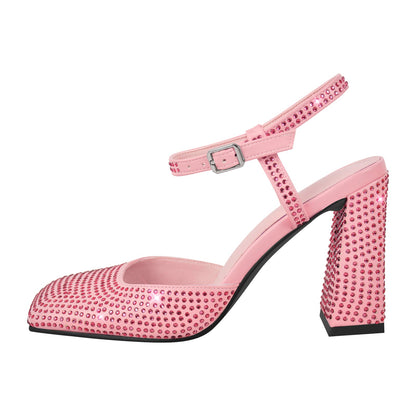 Rhinestone Square Toe Chunky Heel Ankle Strap Pumps | Onlymaker Latest