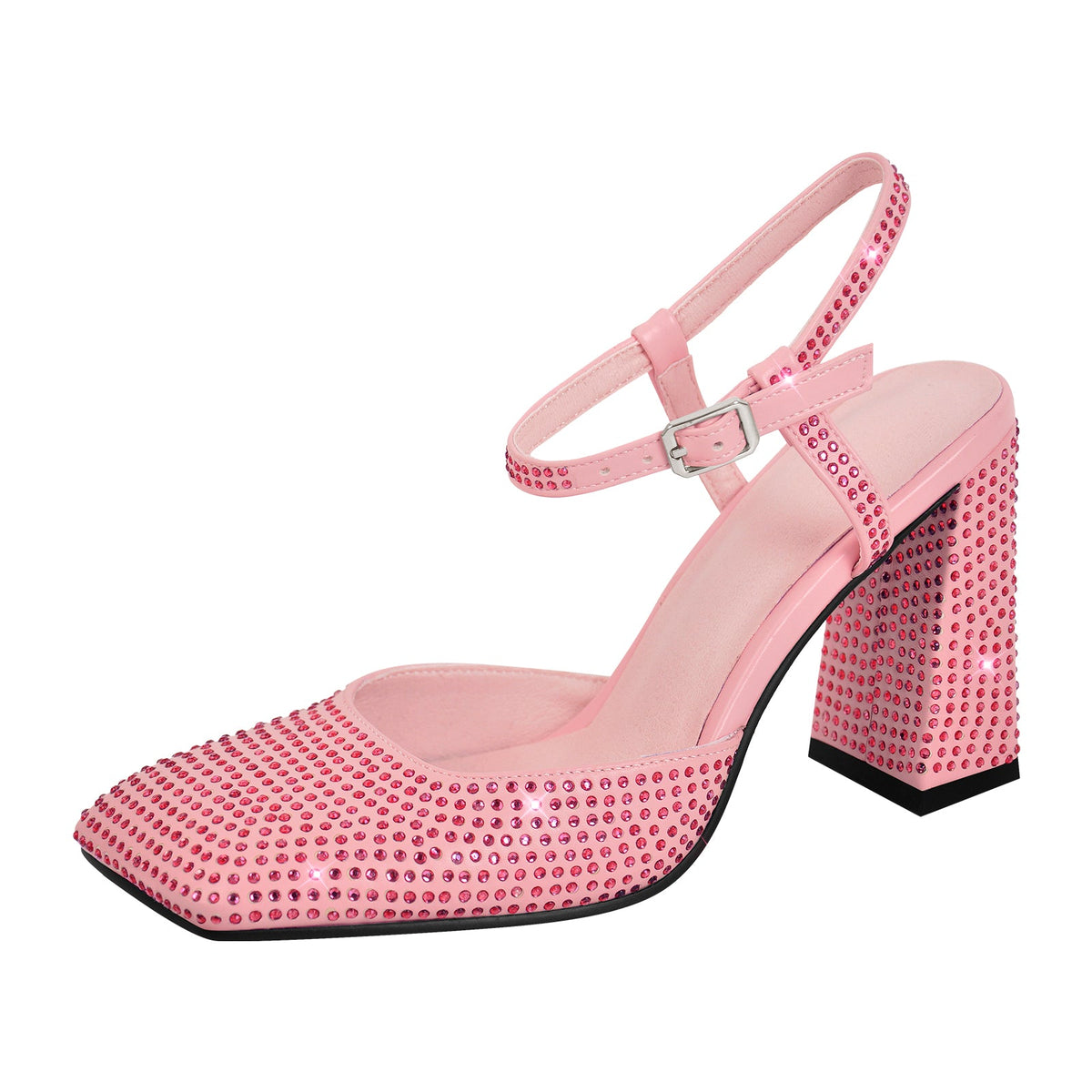 Rhinestone Square Toe Chunky Heel Ankle Strap Pumps | Onlymaker Latest
