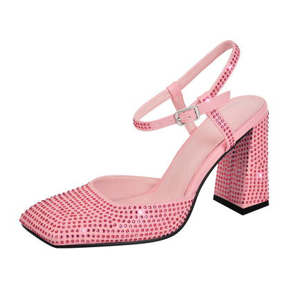 Rhinestone Square Toe Chunky Heel Ankle Strap Pumps | Onlymaker Latest