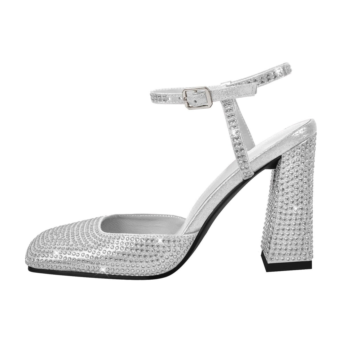 Rhinestone Square Toe Chunky Heel Ankle Strap Pumps | Onlymaker Latest
