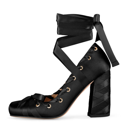 Square Toe Satin Bow Ballet Lace-up Pumps | Onlymaker Sale