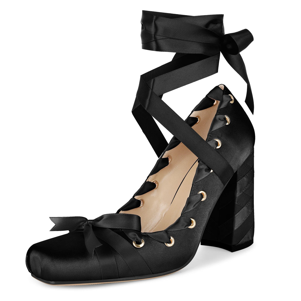 Square Toe Satin Bow Ballet Lace-up Pumps | Onlymaker Sale