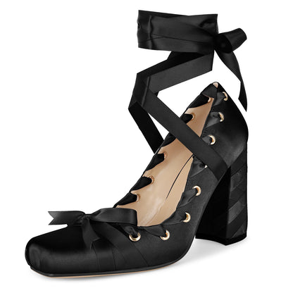 Square Toe Satin Bow Ballet Lace-up Pumps | Onlymaker Sale