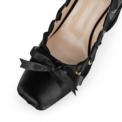 Square Toe Satin Bow Ballet Lace-up Pumps | Onlymaker Sale