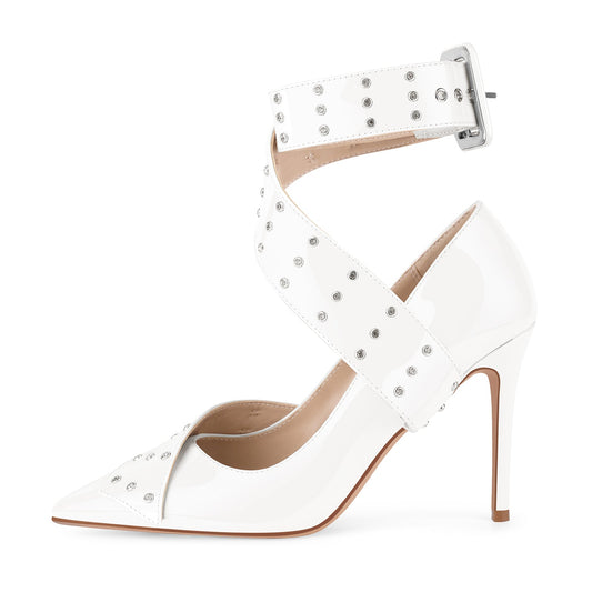 Rhinestone Studded Cross Ankle Strap Pumps | Onlymaker Sale