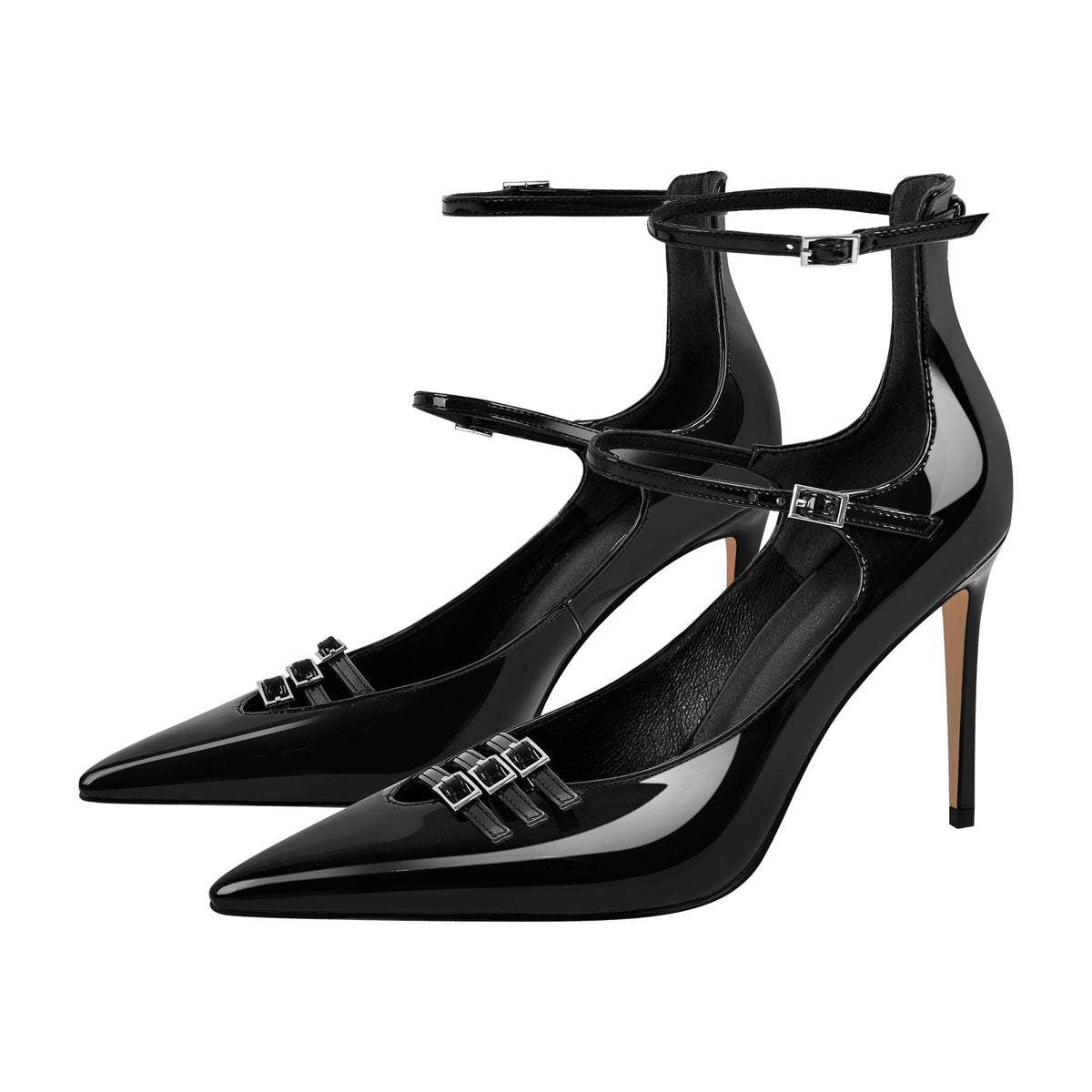 Pointed Toe Multi-Buckle Ankle Strap Stiletto Pumps | Onlymaker Trusted