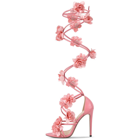 Pointed Toe Flower Strappy Lace-up Sandals | Onlymaker Premium